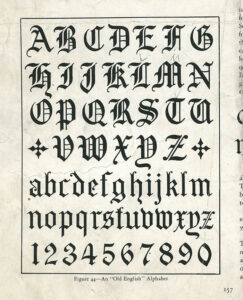 Example alphabet used as inspiration for the Spacerite Old English alphabet. (Thomas E. French, Monument and Cemetery Review, circa 1930).